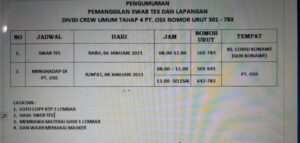 Pemanggilan Tes Swab Crew Umum Tahap Empat PT OSS